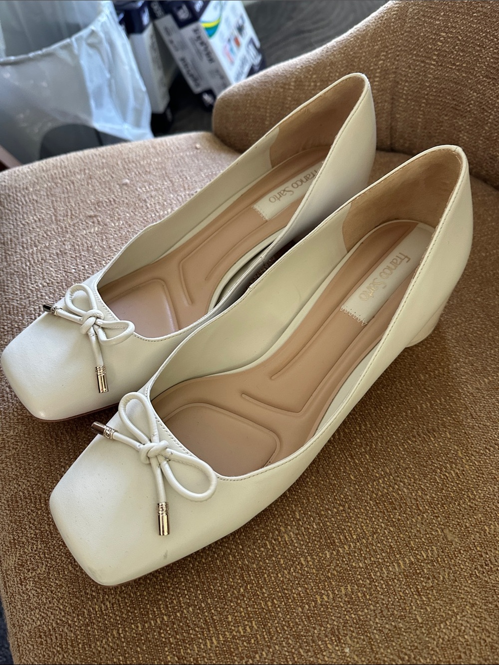 Franco Sarto Ivory Bow Low Block Heel Flats